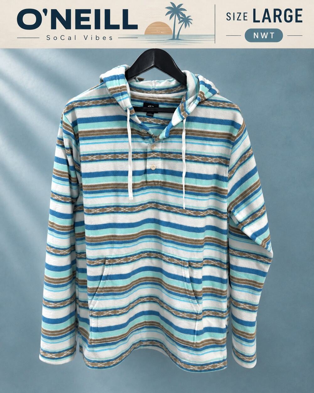 NWT O’Neill Newman Superfleece Hoodie Men’s L Striped Baja Pullover